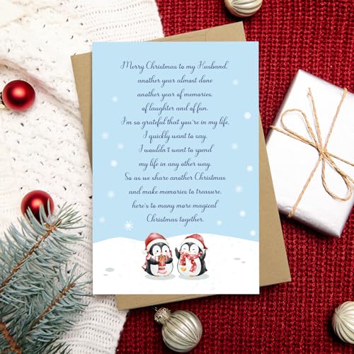 Penguin Christmas Card for Husband – Cute Romantic Xmas Card with Envelope
