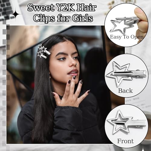 SAWINDA Y2K Silver Star Hair Clips Metal Pentagram Hair Barrettes 8 PCS