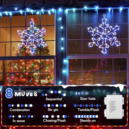 Snowflake Christmas Window Lights 12 Inch Blue White LED String Lights - 8 Modes Battery Powered Set with Suction Hooks
