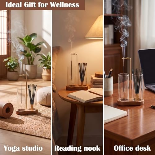 OWLREX Upgrade Tall Incense Holder with Glass Ash Catcher - Upside Down Burning & Stick Storage