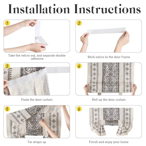 NICETOWN Glass Door Curtains Linen Blended, Farmhouse French Door Blinds Boho Print Privacy Window Treatment Covering for Patio Front Tieback Include, W26 x L72 inch, Greyish White, 1 Panel