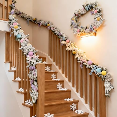 Pastel Christmas Garland Decoration 6.5ft Flocked Pine with Pink Blue Balls - Pastel Ball Variation