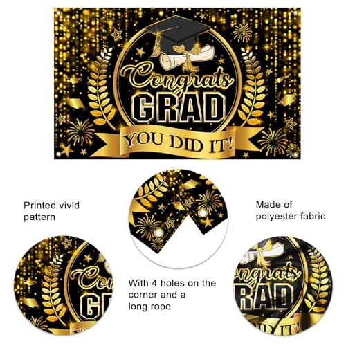 Congrats Grad Banner - Class of 2026 Black & Gold Backdrop