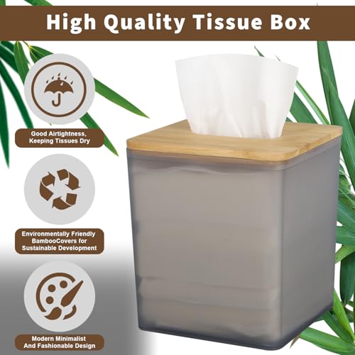 Black Square Tissue Box Cover with Bamboo Lid - Modern Farmhouse Decor