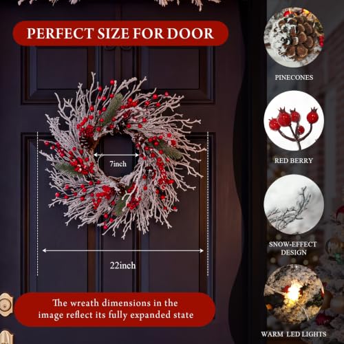 22-Inch Christmas Wreath for Front Door with Branch Variation - Pre-Lit Holiday Decor