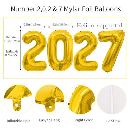 40 Inch Gold 2027 Number Balloons - Mylar Foil Decorations for Party