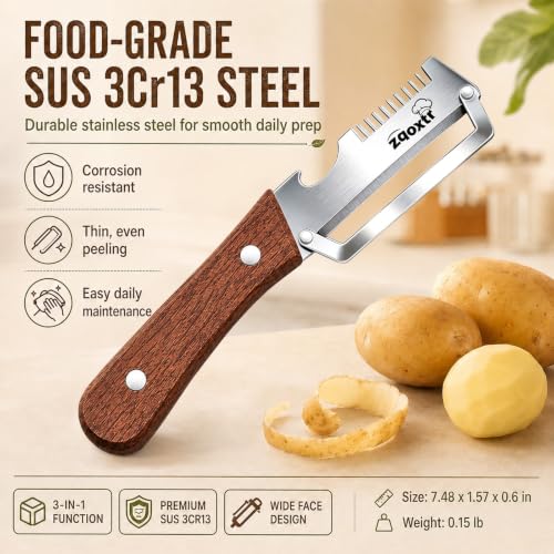 3-in-1 Vegetable Peeler Set (Pack of 2) - Stainless Steel & Wooden Handle