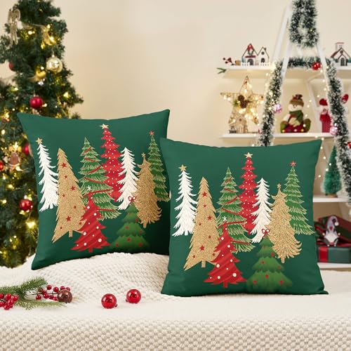 Christmas Pillow Covers Set of 2 18x18 Inches Green Tree Holiday Decor Linen
