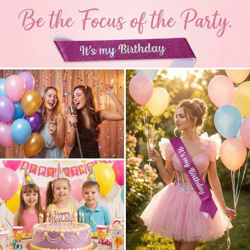 Glitter Purple Birthday Sash for Women with Pearl Pin