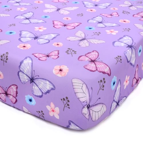 JISEN Purple Butterfly Fitted Crib Sheet - Soft & Washable 52x28 Inch