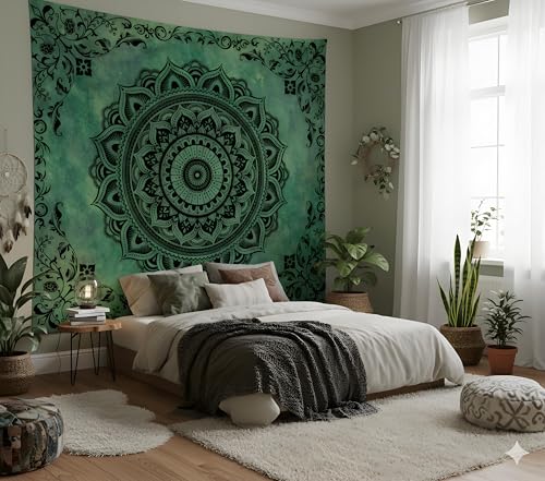 Green Mandala Tapestry Wall Hanging - Boho Cotton Art 51"x60"