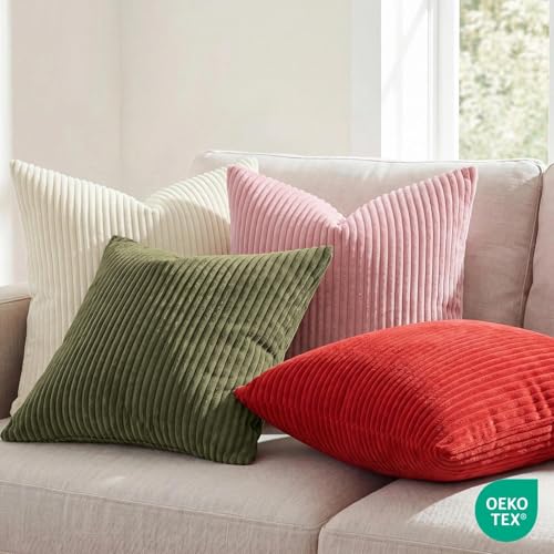 Softalker Striped Corduroy Pillow Covers, 18x18 Inch, Cream, Set of 2