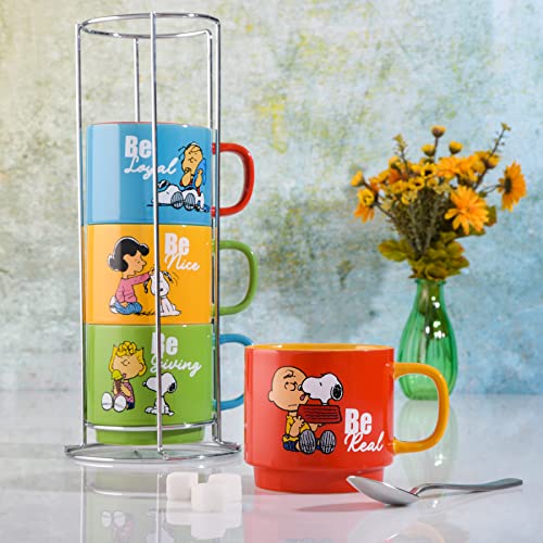 Peanuts Snoopy 15oz Stackable Mug Set with Metal Rack - Assorted Colors