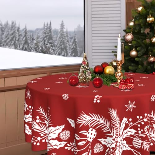 Christmas Round Tablecloth 60 Inch Red Floral Leaf Winter Holiday Decor