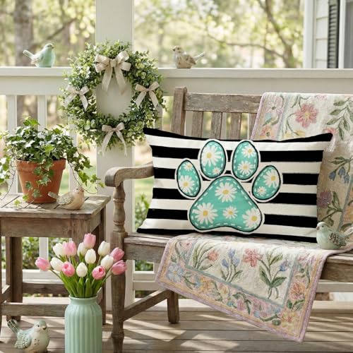 Spring Paw Print Pillow Cover 12x20 Inch - Daisy Decor
