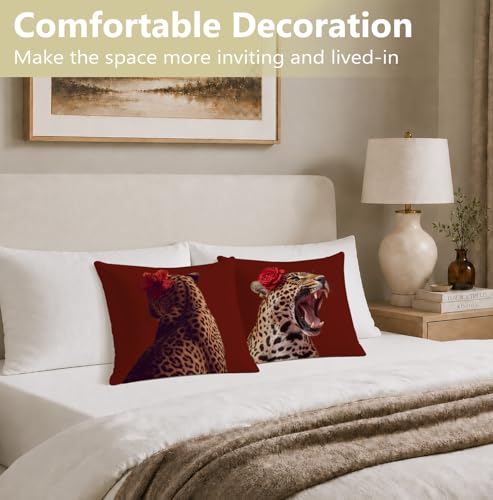 Red Floral Cheetah Throw Pillow Cover 18x18 Soft Flannelette Decorative