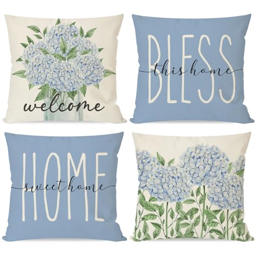 PANDICORN Blue Hydrangea Throw Pillow Covers Set of 4 - 16x16 Inch Spring Decor