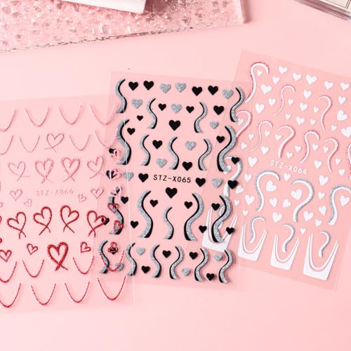 Glitter Heart Nail Stickers Set with Tweezers - 6 Sheets Valentine's Day