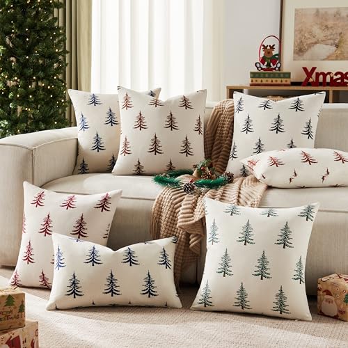 Winter Tree Christmas Pillow Covers, 18x18 Inch Cotton Set of 2