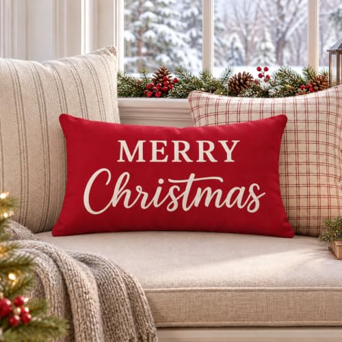 PANDICORN Christmas Pillow Covers 12x20 Red Merry Holiday Home Decor Crimson Red