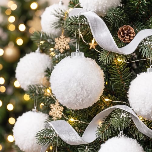 24 Pcs 4 Inch White Plastic Furry Christmas Ornaments Balls - Holiday Decor