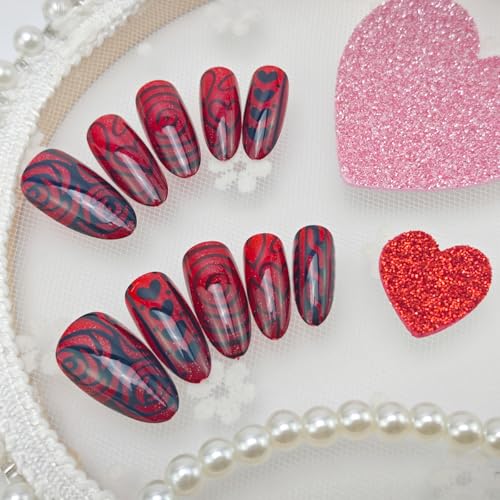 KRTBKR Dark Red Press on Nails Medium Almond Valentine False Nails with Heart
