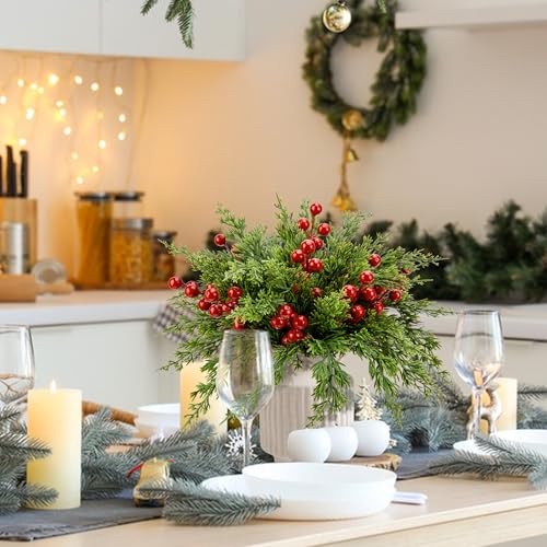 60 Pcs Artificial Christmas Pine Branches with Red Berries - Faux Holiday Decor