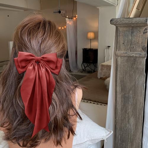 Kivzex Large Silky Satin Hair Bow Clip, Brick Red Long Tail Hair Ribbon