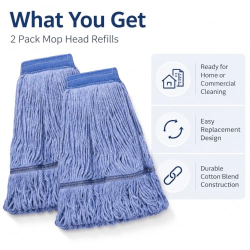 2 Pack Heavy Duty Cotton Mop Head Replacement - 17 oz Blue Looped String Head