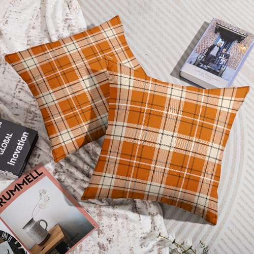 Fall Plaid Pillow Covers 18x18, Set of 2 Burnt Orange Cream Cotton Linen