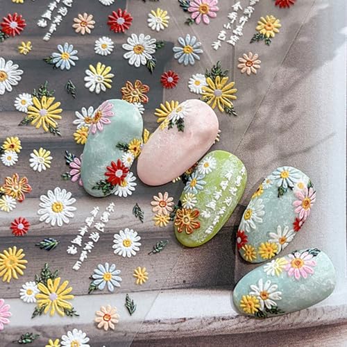 5D Embossed Floral Nail Stickers - Self-Adhesive Daisy Flower Nail Decals