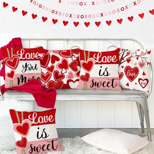 GEEORY Valentine's Day Throw Pillow Covers Set of 4 - 18x18 Inch Red Hearts
