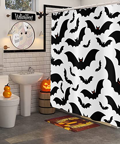Halloween Bat Shower Curtain - Black and White Waterproof Fabric 72x72