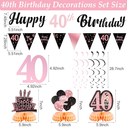 Rose Gold 40th Birthday Decorations Set for Women - Banner & Centerpieces