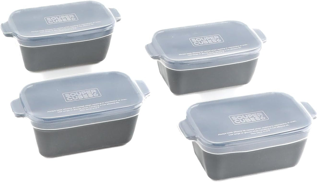 Souper Cubes Stoneware Baking Dishes - Premium Mini Ceramic Set of 4 with Silicone Covers | 5" x 3" - Charcoal, Made in USA