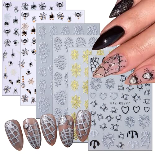 6 Sheets Spider Web Halloween Nail Stickers 3D Self-Adhesive Decals