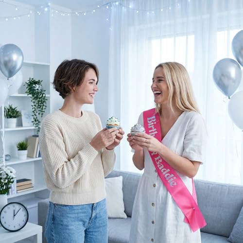 Pink Birthday Sash with Shimmering Lettering for Women Party Decor