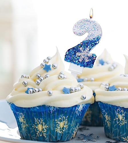 Blue Glitter Snowflake Birthday Number 2 Candle - Elegant Party Decor
