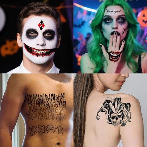 Joker Temporary Tattoos - 4 Sheets Realistic Waterproof Fake Face Tattoos for Halloween Costume Party