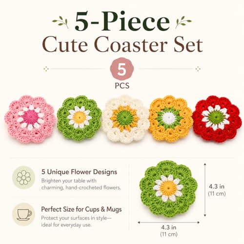 Flower Crochet Coasters Set of 5 - Cute Drink Protectors for Home