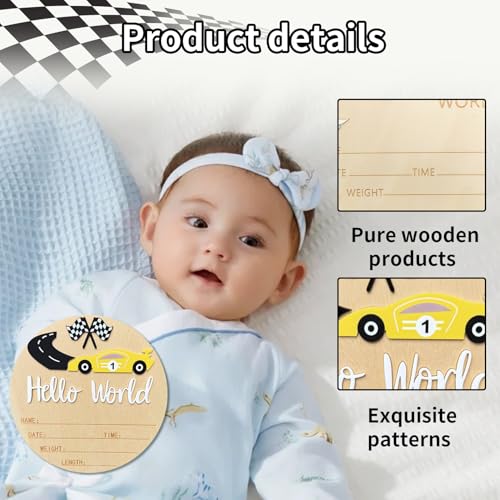 Ziyutam Wooden Race Car Baby Announcement Sign for Hospital Photo Prop