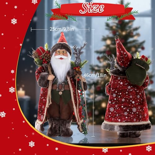 18-Inch Santa Claus Figurine with Deer-Head Cane and Sack for Christmas Home Decor