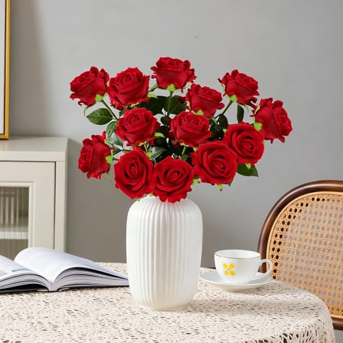 Red Velvet Roses Artificial Flowers - 12 Pcs for Home Decor & Events