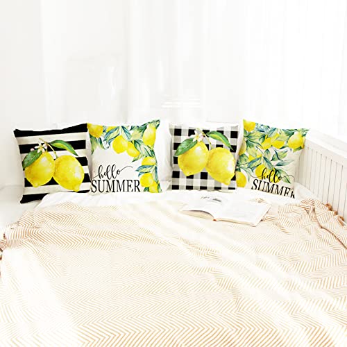 Lemon Watercolor Stripes Throw Pillow Covers Set of 4 - 18x18 Inch