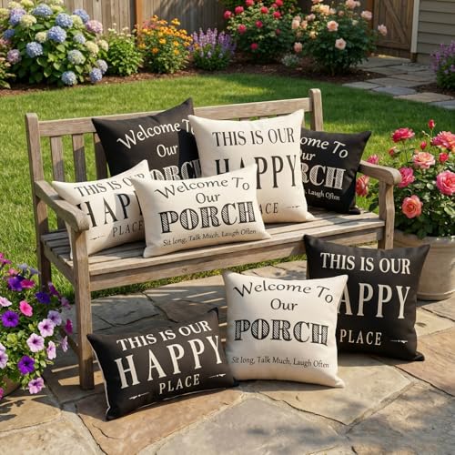 JOJOGOGO Happy Place Outdoor Pillow Covers 18x18, Waterproof Set of 2