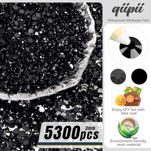 qiipii 5300PCS 3mm Black Resin Flatback Rhinestones for Crafts & Makeup