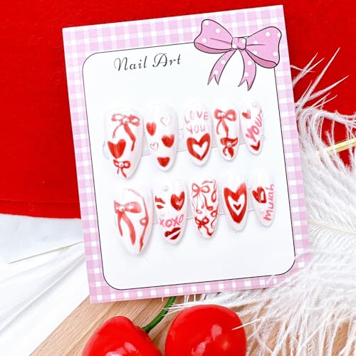 Valentines Press on Nails Medium Almond Fake Nails with Pearls and Bows