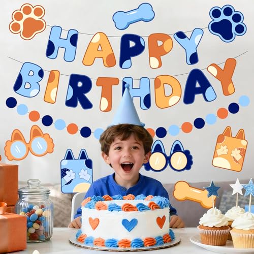 Blue & Orange Happy Birthday Banner Set - Pre-Strung Dog Theme Decorations