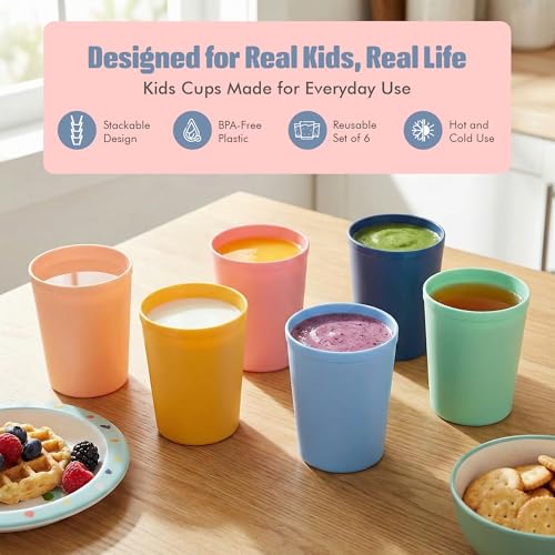 Bright 6 Pack Kids Reusable 8oz Plastic Cups - Unbreakable, Toddler Friendly