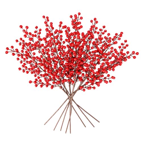 8pcs Red Berry Stems for Christmas Decorations, Artificial Holiday Floral Picks